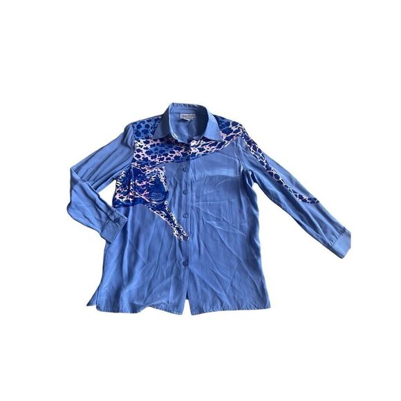 Vintage 90s Diane Gilman blue silk cheetah button down blouse - Picture 1 of 8